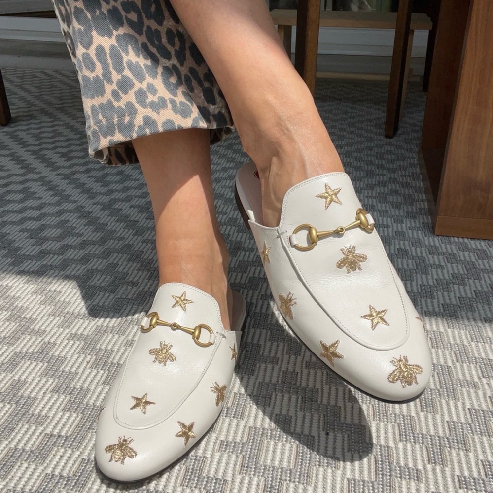 Gucci princetown stars and bee White Embroidered Women's Loafers size 37.5
